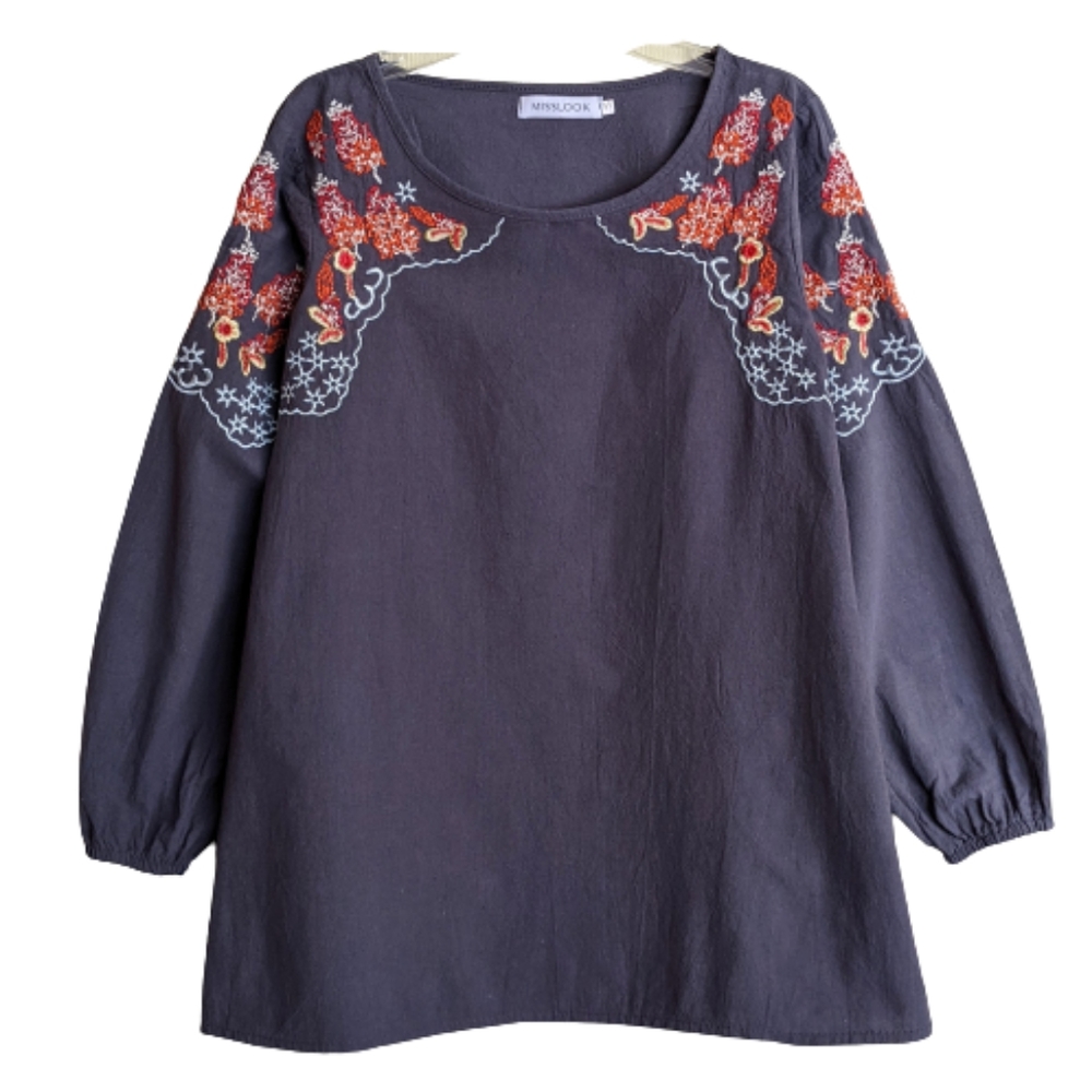 MISSLOOK Blouse Gray Colorful Floral Embroidered Boho Size Small